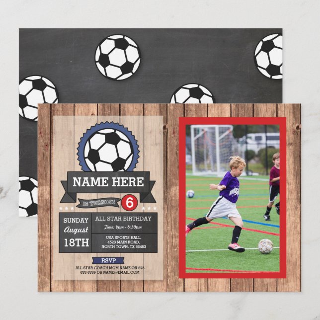 Sports Photo Soccer Football Photo Star Birthday Invitation (Front/Back)