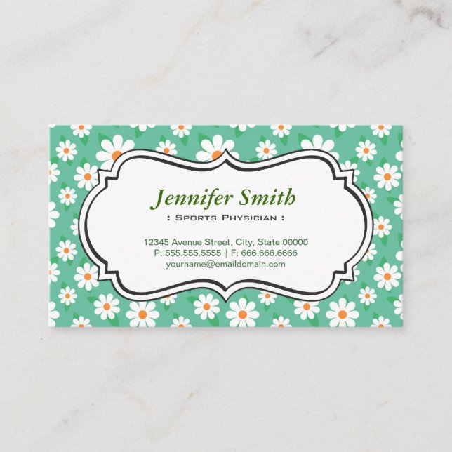 Sports Physician - Elegant Green Daisy Business Card (Front)