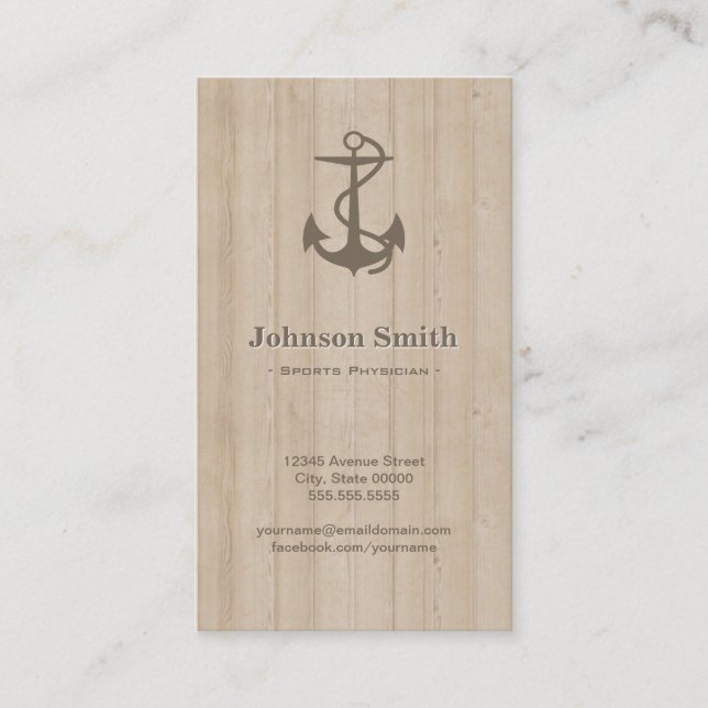 Sports Physician - Nautical Anchor Wood Business Card (Front)