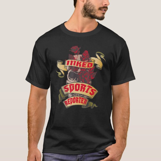 Sports Reporter Inked Skull & Red Roses Tattoo T-Shirt (Front)