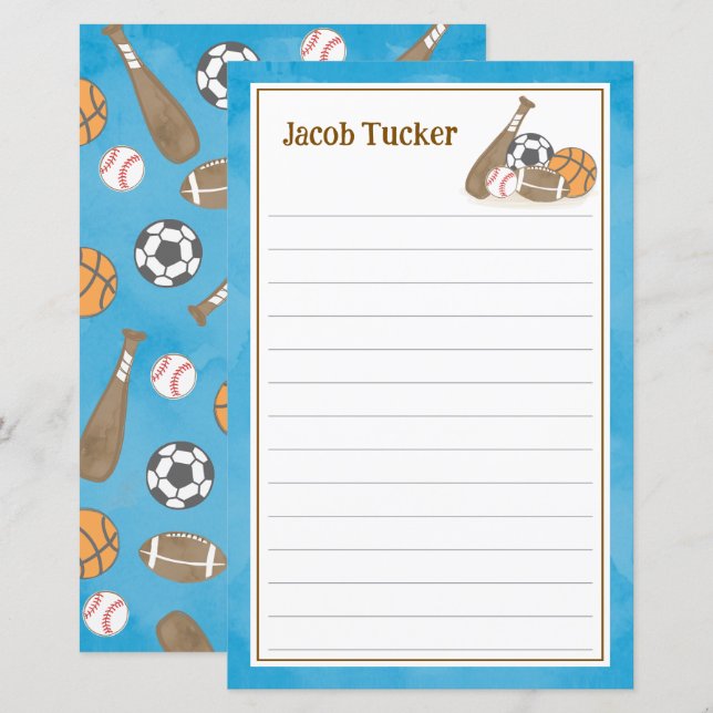 Sports Sky Blue Kids Lined Letter Writing Paper (Front/Back)