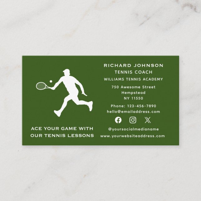  Sports Social Media Tennis Coach Male Instructor Business Card (Front)