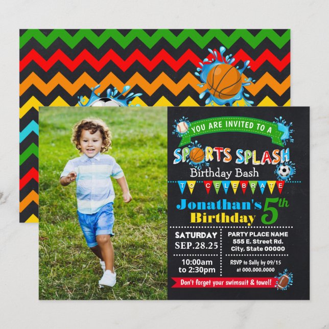 Sports splash birthday summer water party invitation (Front/Back)