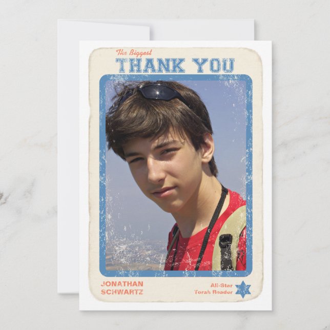 Sports Star Bar Mitzvah Thank You Card Blue (Front)