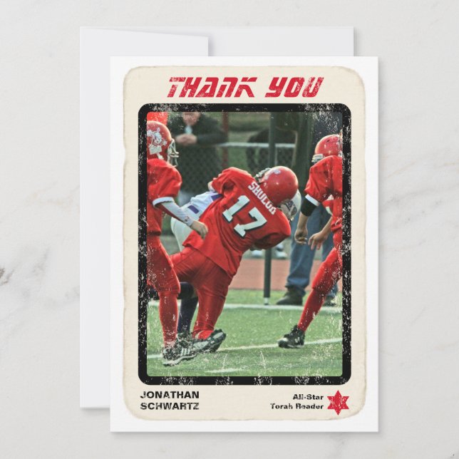 Sports Star Bar Mitzvah Thank You Card in Red (Front)
