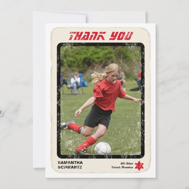 Sports Star Bat Mitzvah Thank You Card in Red (Front)