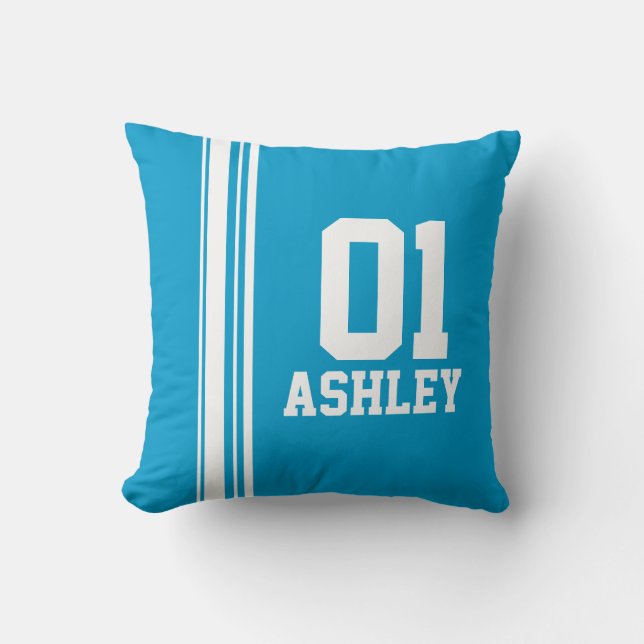 Sports stripe white blue name age or number pillow (Front)