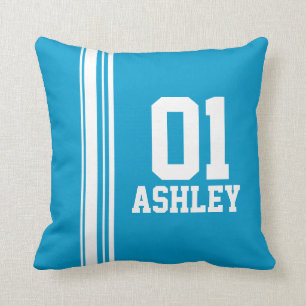 Sports stripe white blue name age or number pillow