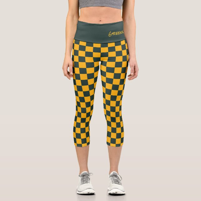 Sports Team Chequered Green Gold School Name Capri Leggings (Front)