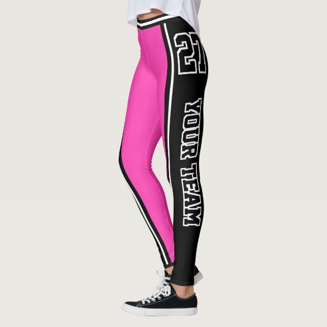 Sports Team Name Number Black Hot Pink Striped Leggings (Left)