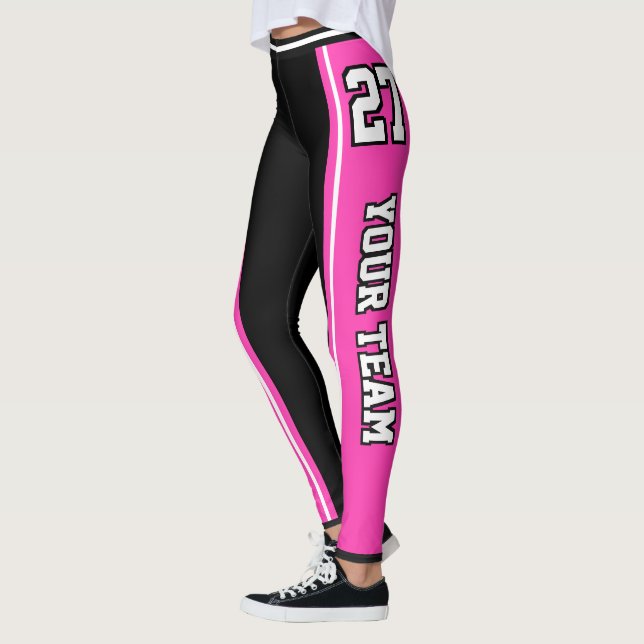 Sports Team Name Number Hot Pink Black Striped Leggings (Left)