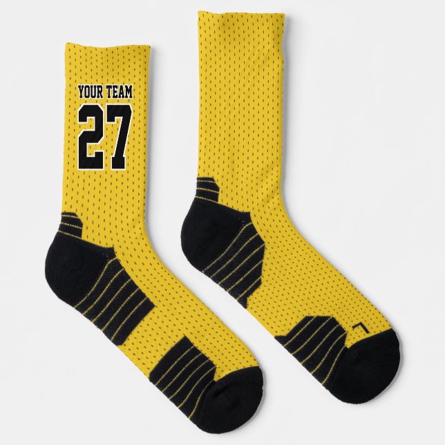Sports Team Number Yellow Black Dotted Basketball Socks (Right)