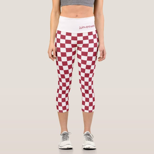 Sports Team Spirit Check Crimson White School Name Capri Leggings (Front)