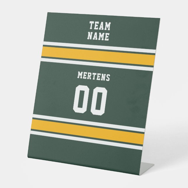 Sports Team Your Name Number Green Gold White Pedestal Sign (Front)