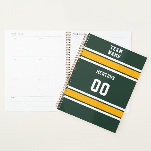Sports Team Your Name Number Green Gold White Planner (Display)