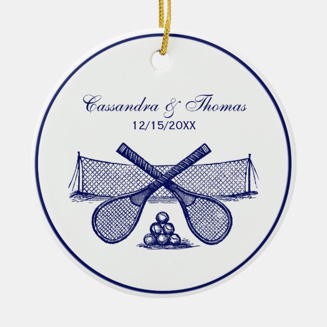 Sports Tennis Net, Crossed Racquets, Balls Blue Ceramic Tree Decoration (Front)