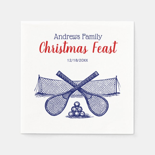 Sports Tennis Net, Crossed Racquets, Balls Blue Napkin (Front)