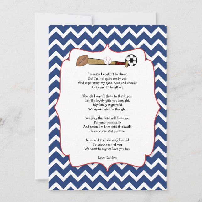 Sports theme baby shower gift POEM thank you note (Front)