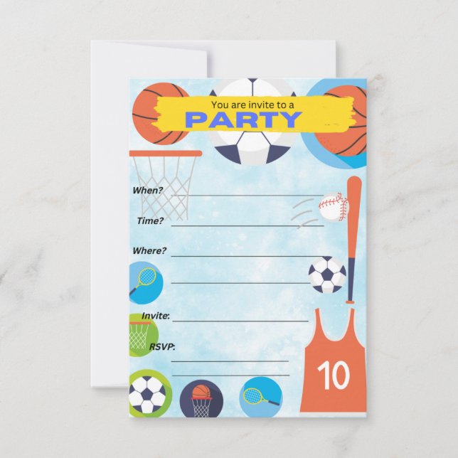 sports theme, birthday party invitation  (Front)
