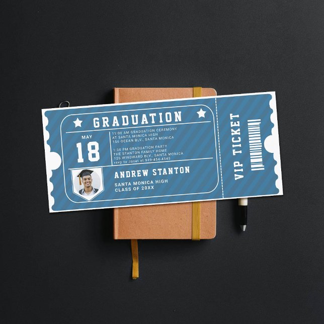 Sports Theme Blue Photo Graduation Invitation (graduation invitation high school senior boy sports themed blue white ticket)