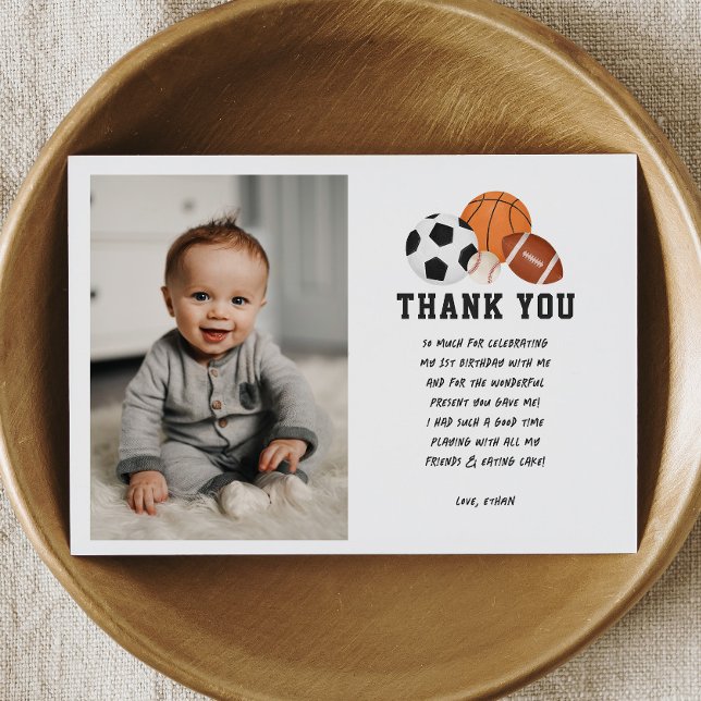 Sports Theme Born 2 Ball Boy Birthday Party Photo Thank You Card (Creator Uploaded)