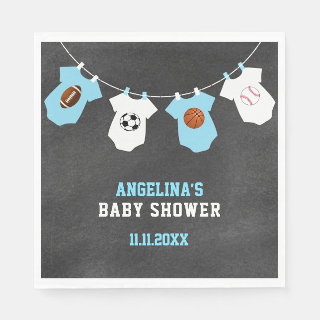 Sports Theme Chalkboard Blue Boy Baby Shower Napkin (Front)
