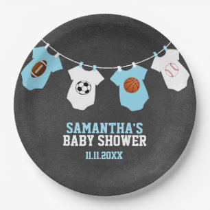 Sports Theme Chalkboard Blue Boy Baby Shower Paper Plate