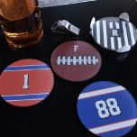 Sports Theme Football Team Player Coaster Set<br><div class="desc">Looking for a useful birthday gift for your football fan friend?  Add initials to this American Football Team and Referee Coaster Set. There's a black and white striped referee,  a football and two team players where you can add a jersey number and change the background color/stripes</div>