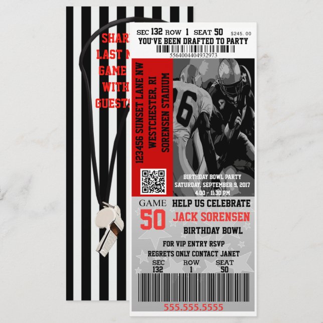 Sports Theme Football Ticket Birthday Party Invitation (Front/Back)