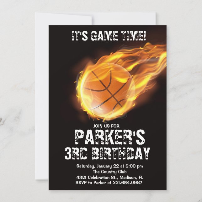 Sports Theme Game Fire Basketball Black Birthday Invitation (Front)