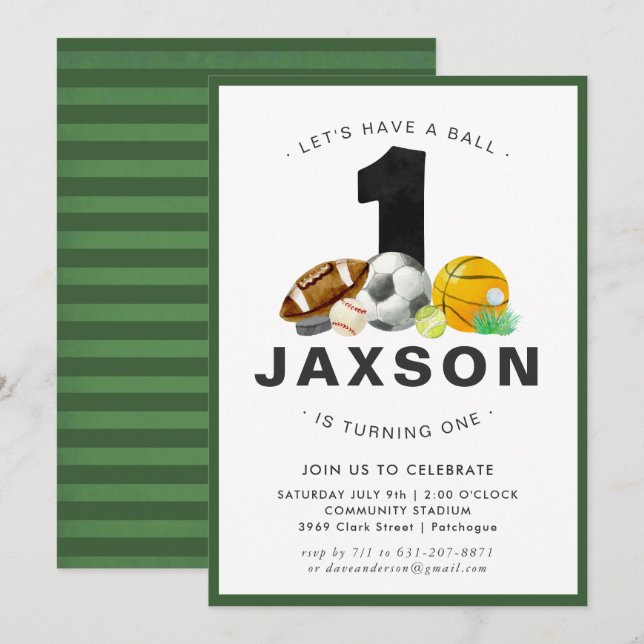 Sports Themed 1st Birthday Party Invitation (Front/Back)
