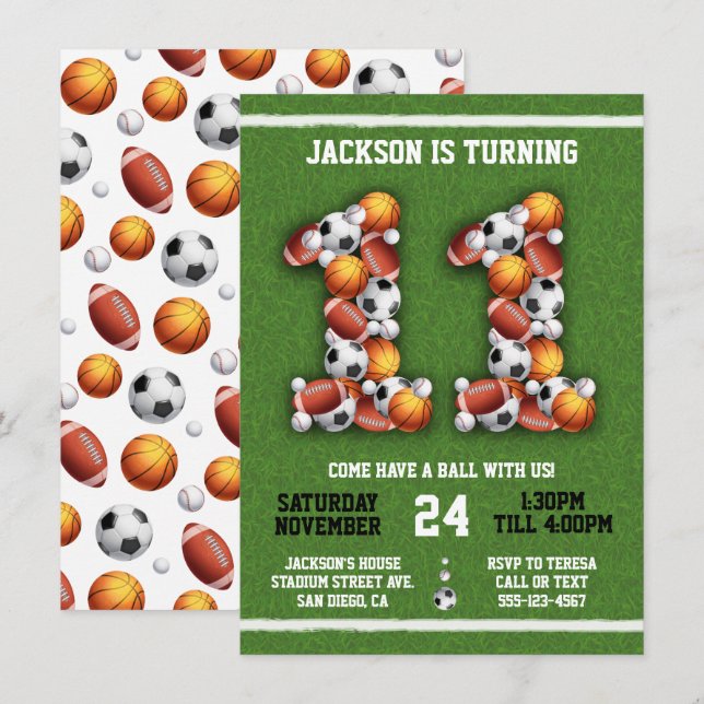 Sports Themed Balls 11th Birthday Party Invitation (Front/Back)