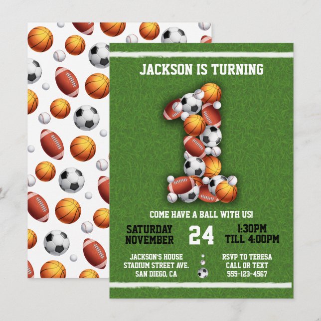 Sports Themed Balls 1st Birthday Party Invitation (Front/Back)