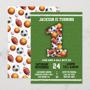 Sports Themed Balls 1st Birthday Party Invitation