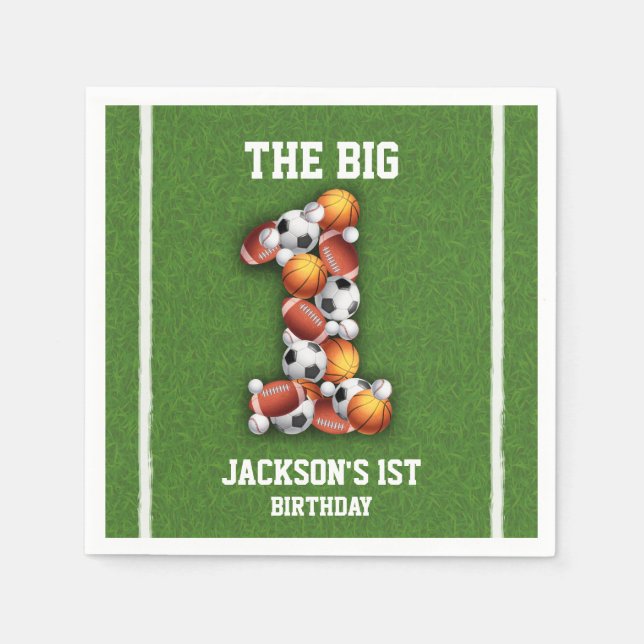 Sports Themed Balls 1st Birthday Party Napkin (Front)