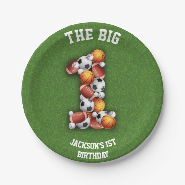 Sports Themed Balls 1st Birthday Party Paper Plate (Front)