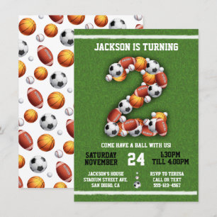 Sports Themed Balls 2nd Birthday Party Invitation