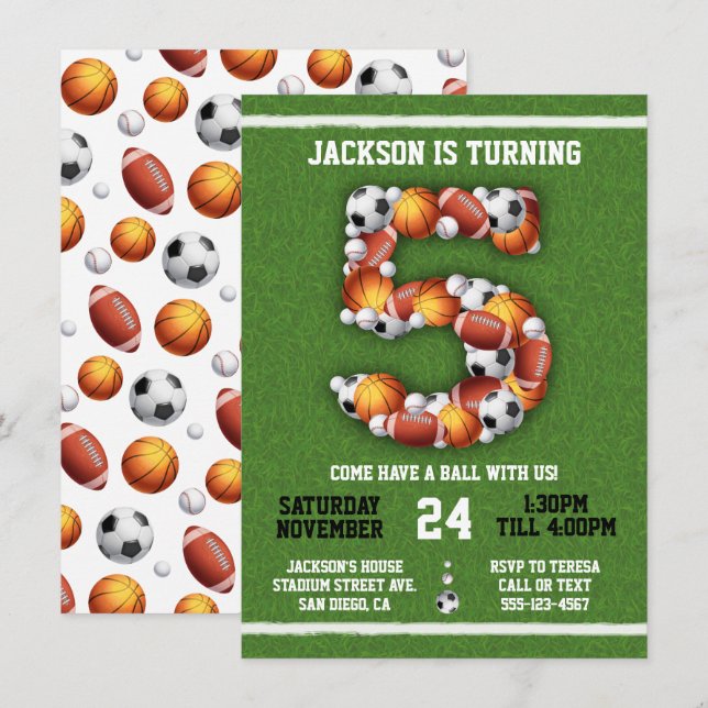 Sports Themed Balls 5th Birthday Party Invitation (Front/Back)