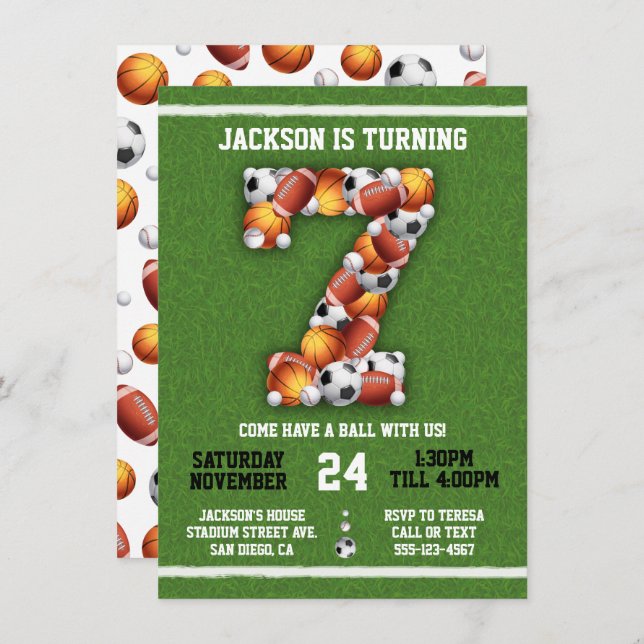 Sports Themed Balls 7th Birthday Party Invitation (Front/Back)