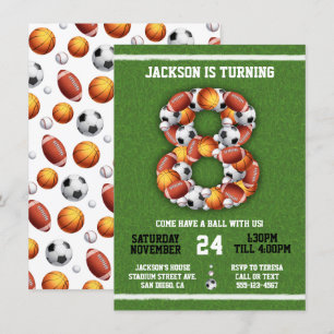 Sports Themed Balls 8th Birthday Party Invitation