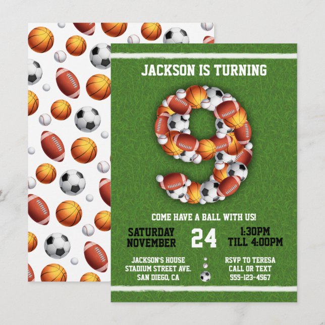 Sports Themed Balls 9th Birthday Party Invitation (Front/Back)