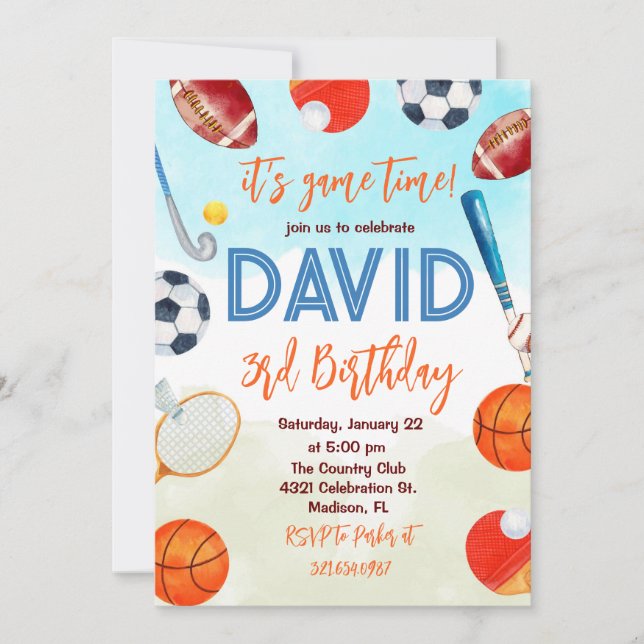 Sports Themed Kids Birthday Party Invitation (Front)