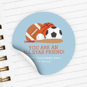 Sports-Themed Kids Classroom Valentines Day Classic Round Sticker