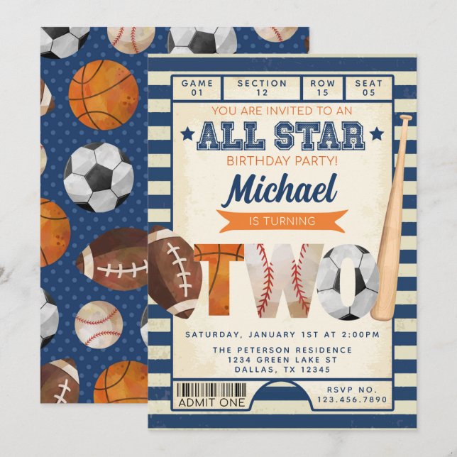 Sports Ticket 2nd Birthday Party Invitation (Front/Back)