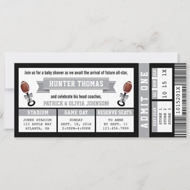 Sports Ticket Baby Shower Invitation, Black, Grey Invitation (Front)