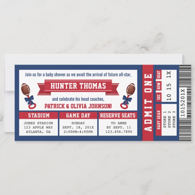 Sports Ticket Baby Shower Invitation, Blue, Red Invitation (Front)