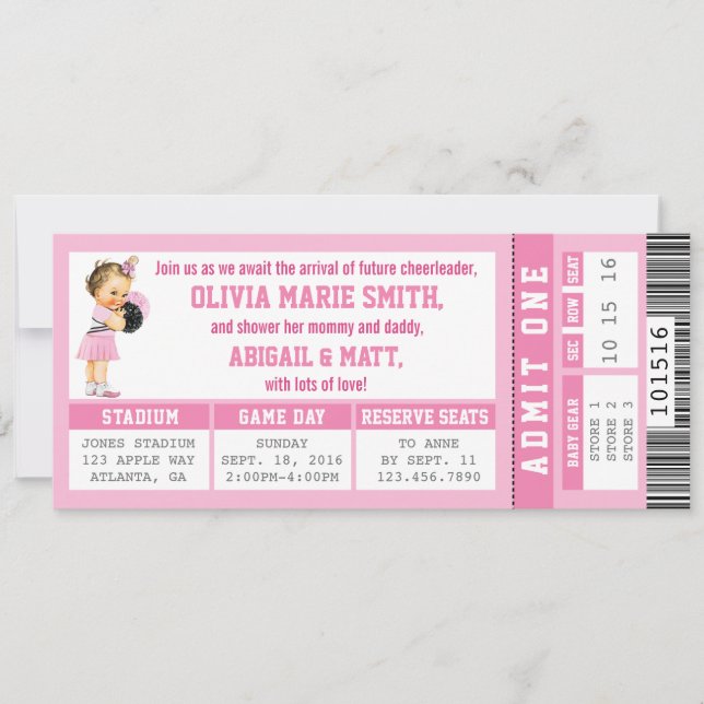 Sports Ticket Baby Shower Invitation, Girl, Pink Invitation (Front)