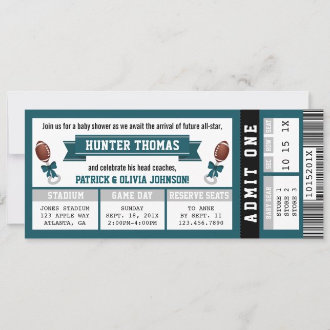 Sports Ticket Baby Shower Invitation, Green, Grey Invitation (Front)