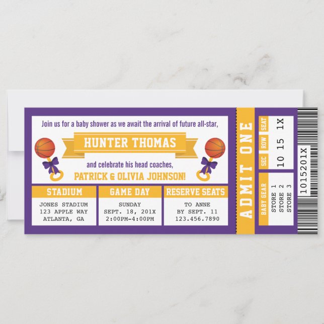 Sports Ticket Baby Shower Invitation, Purple, Gold Invitation (Front)