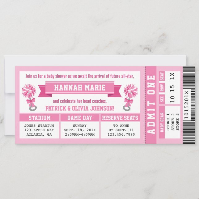 Sports Ticket Baby Shower Invite, Pink Cheerleader Invitation (Front)